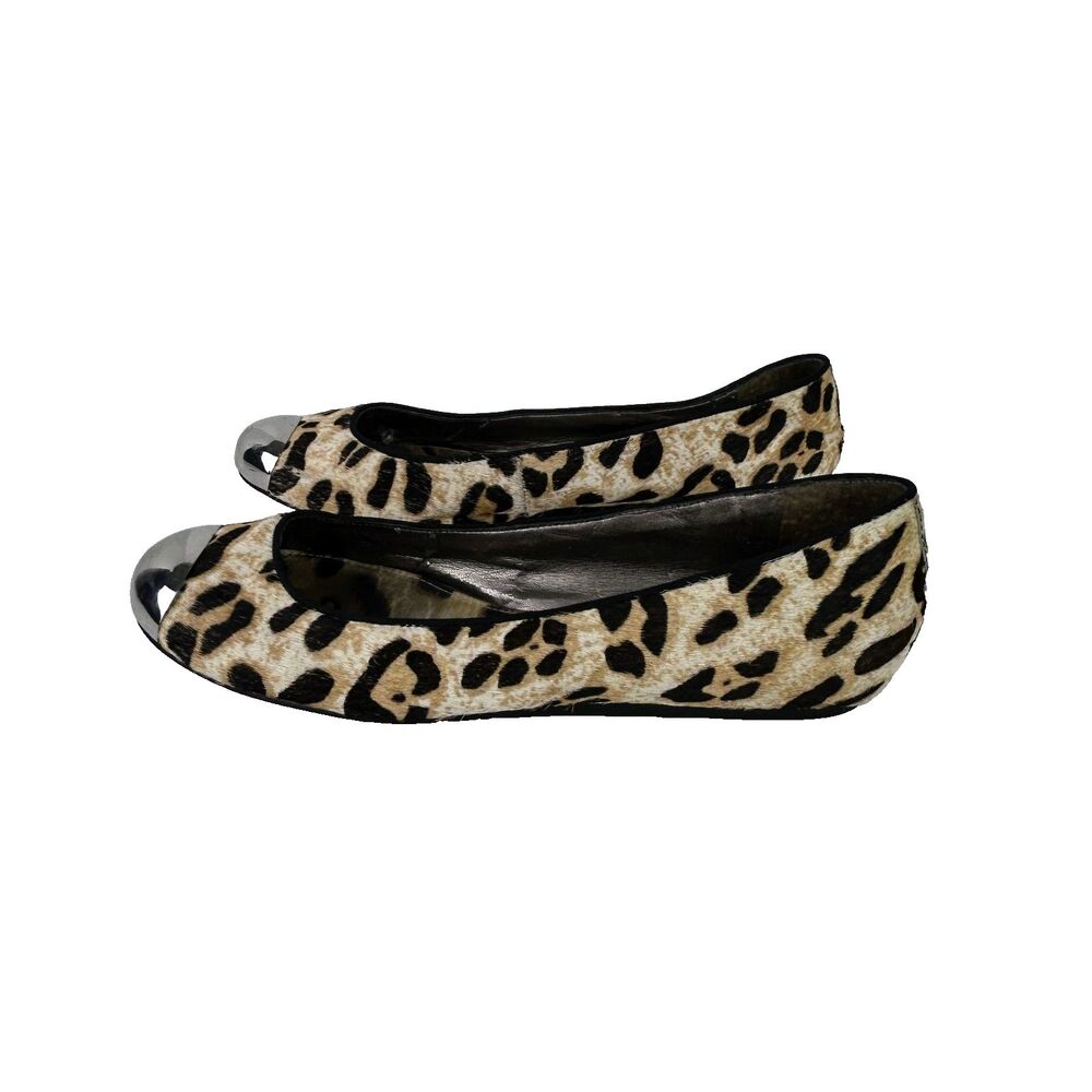 Sam Edelman Jordie Leopard Ballet Flats Calf Hair Leather Silver Cap Toe Shoes 8